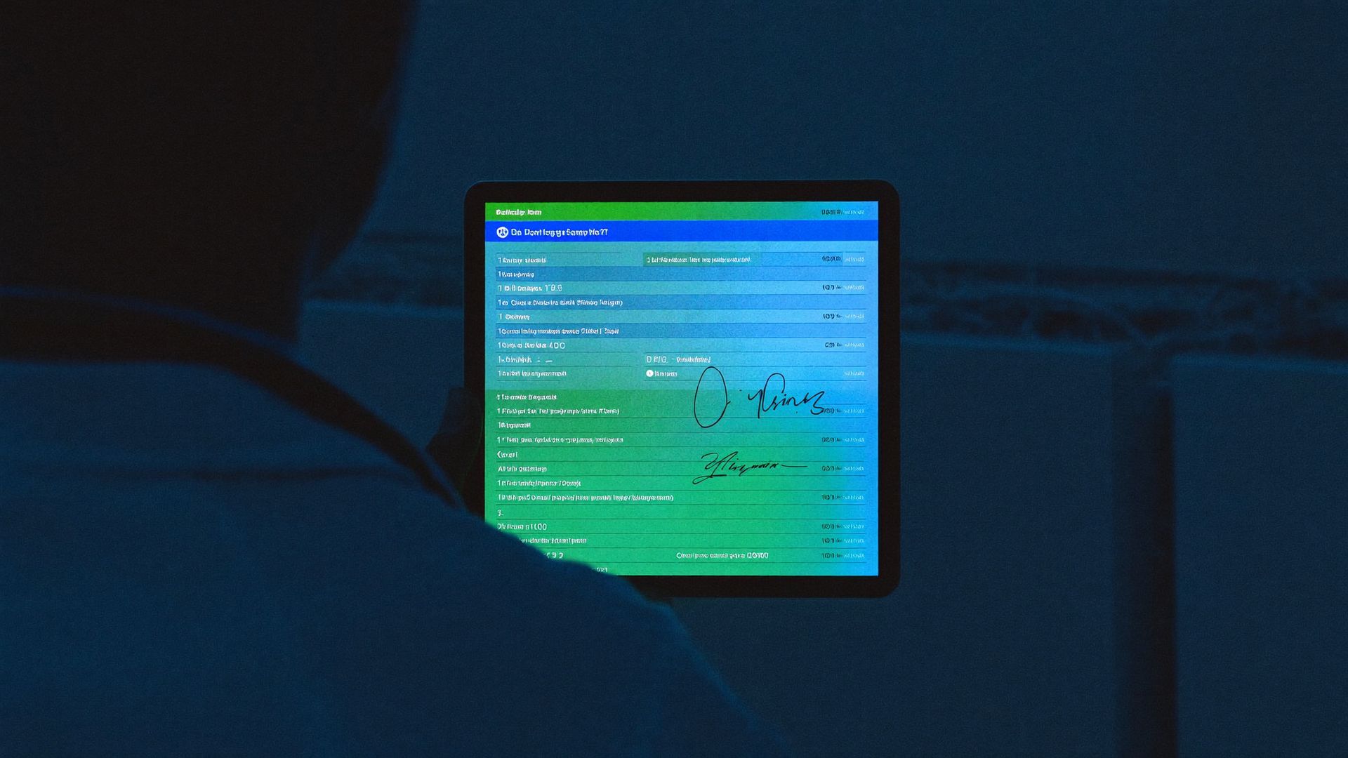 Tablet showing a delivery manifest with timestamps and a signature line