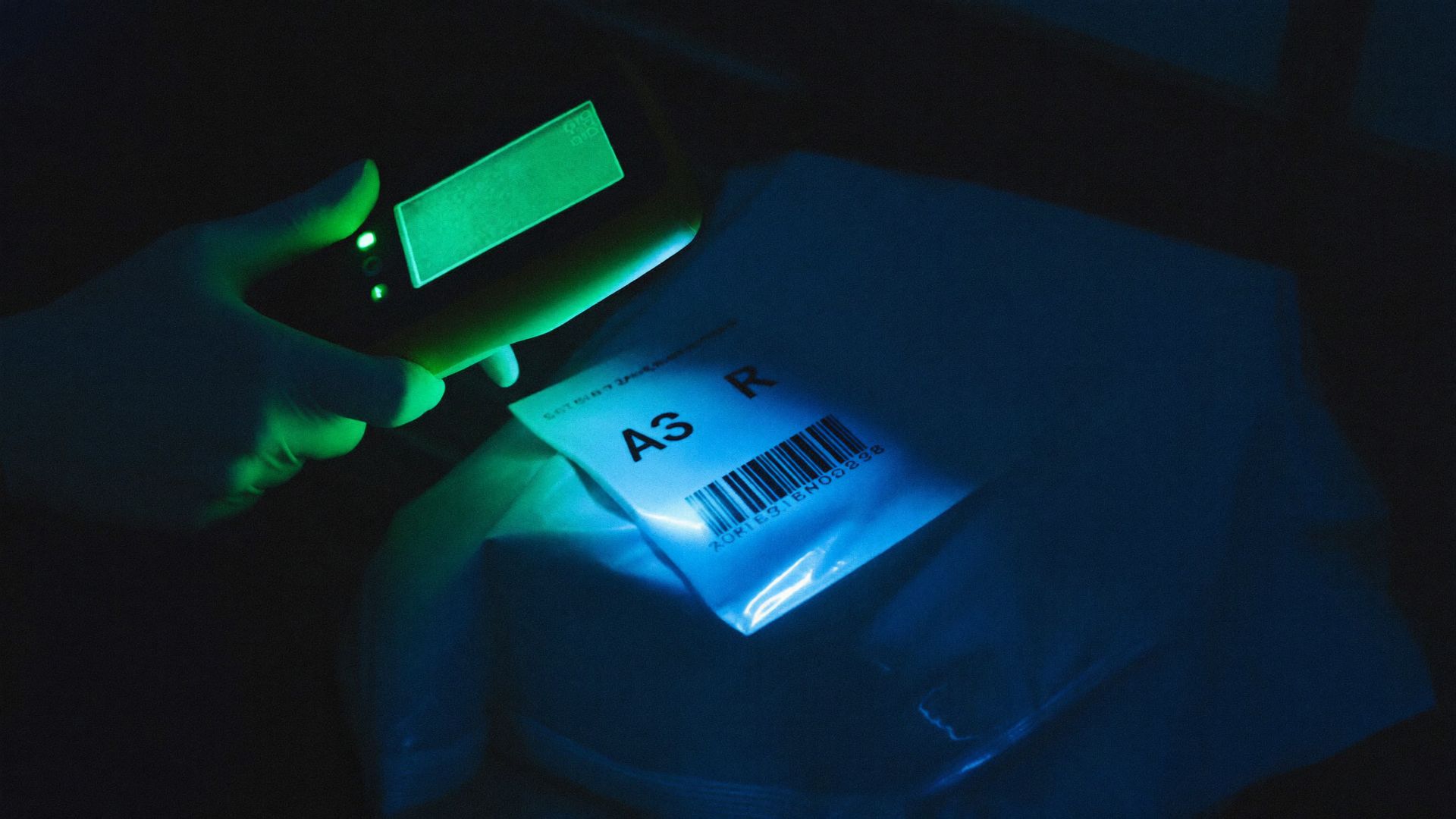 Gloved courier hand scanning a barcode on a sealed specimen transport bag